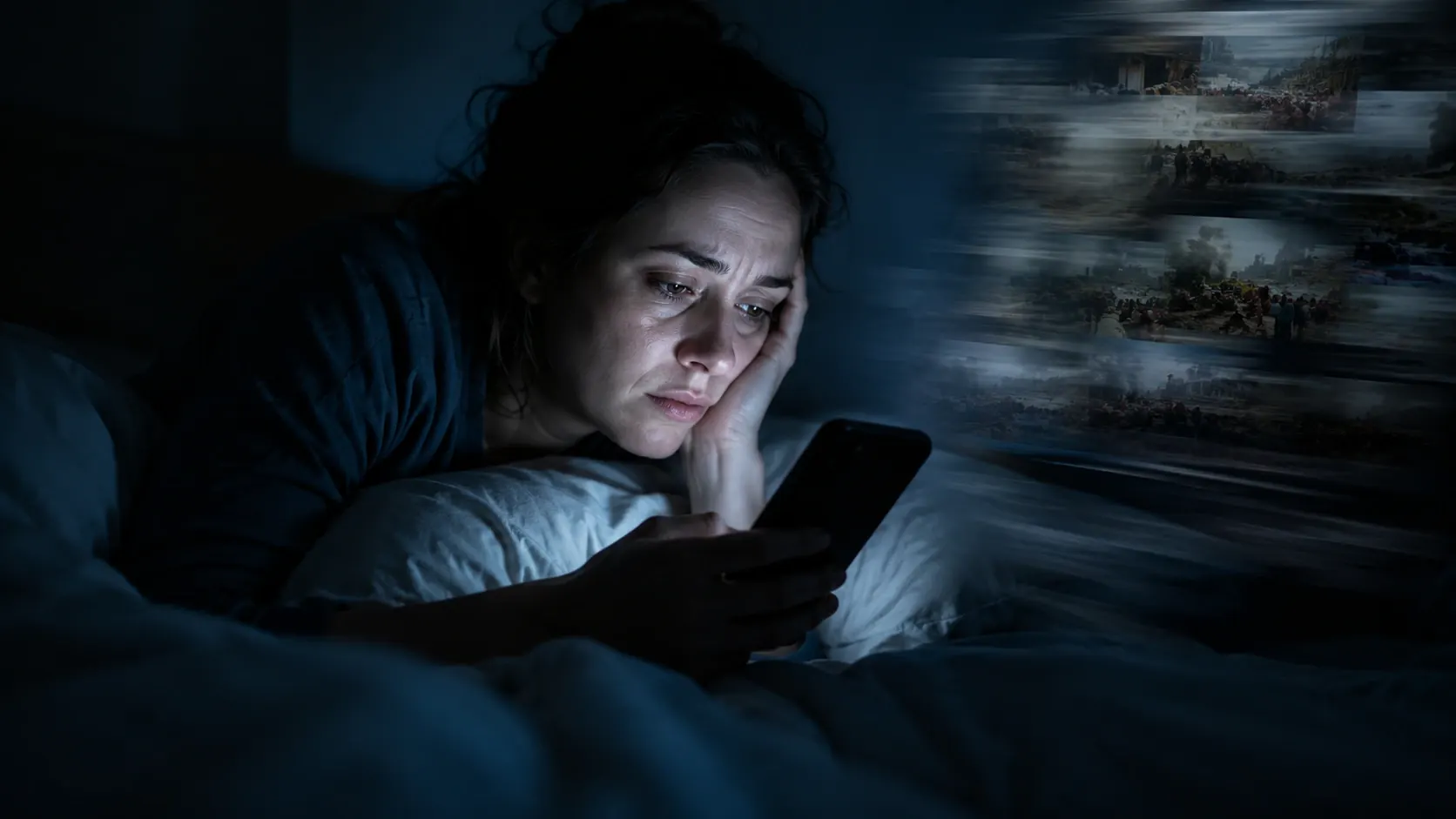 Person doomscrolling news on a phone in bed while the room stays dark