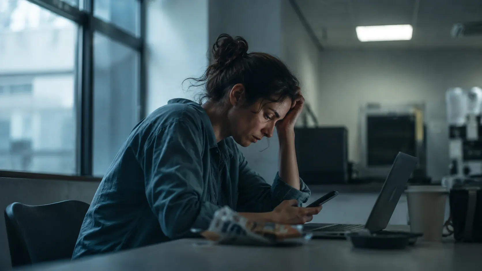 Worker on a break staring at a phone while lunch and work gear sit nearby