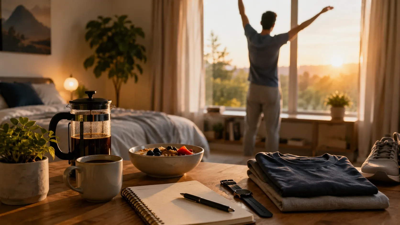 Calm morning setup with clothes, keys, and breakfast for a low-friction morning routine