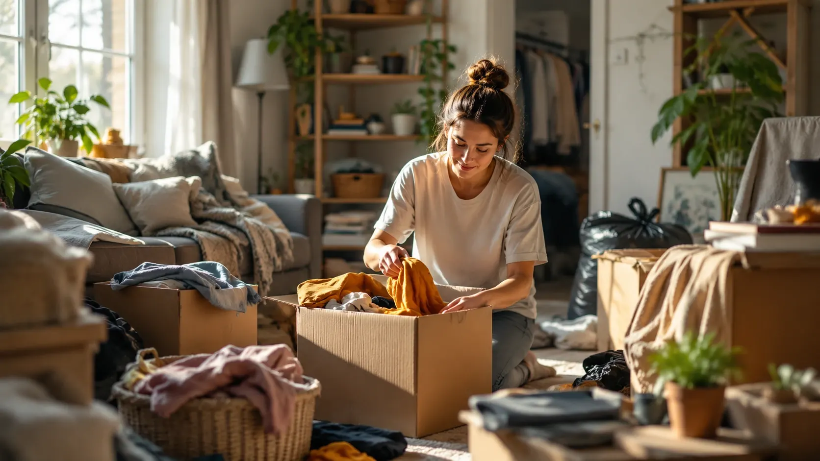 Messy room with one clear calm space showing how home clutter can add to stress