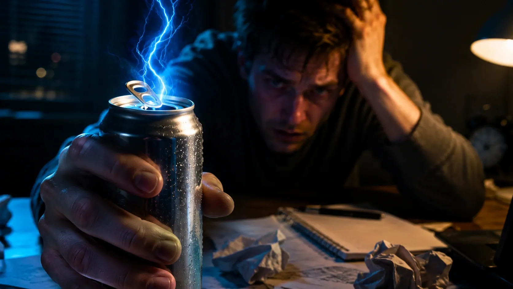 Energy drink can beside water bottle and tired morning routine items