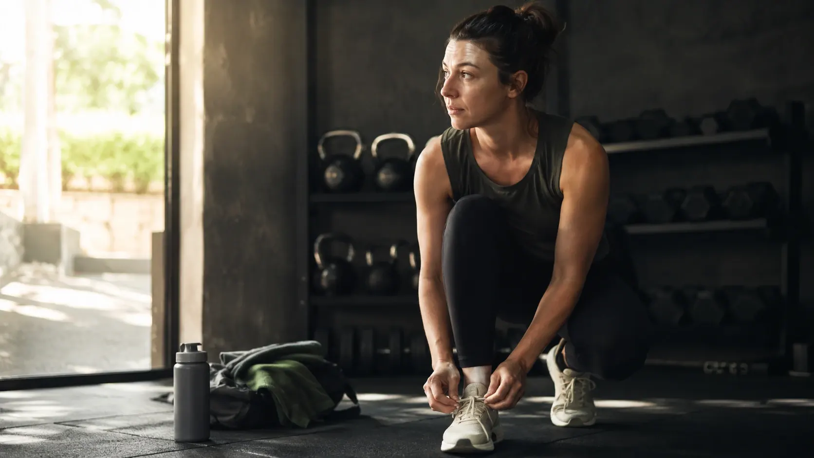 Gym shoes and light weights showing how to restart your workout with small momentum