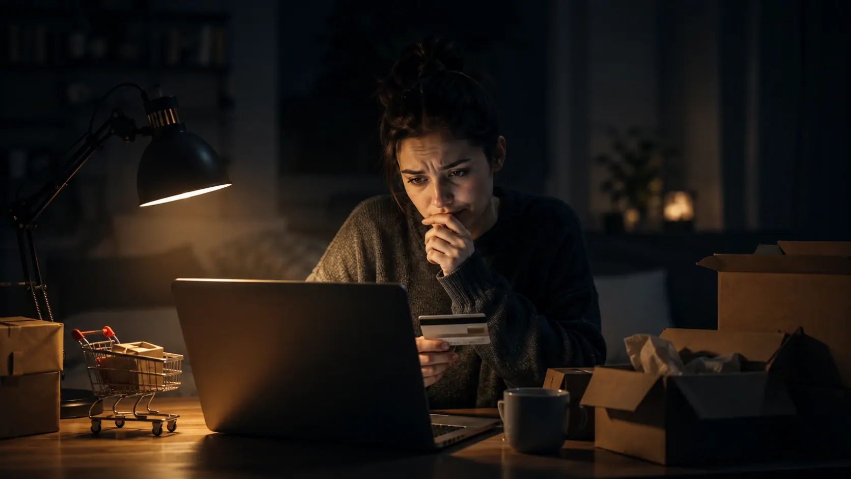 Person looking at an online shopping cart late at night with a wallet nearby