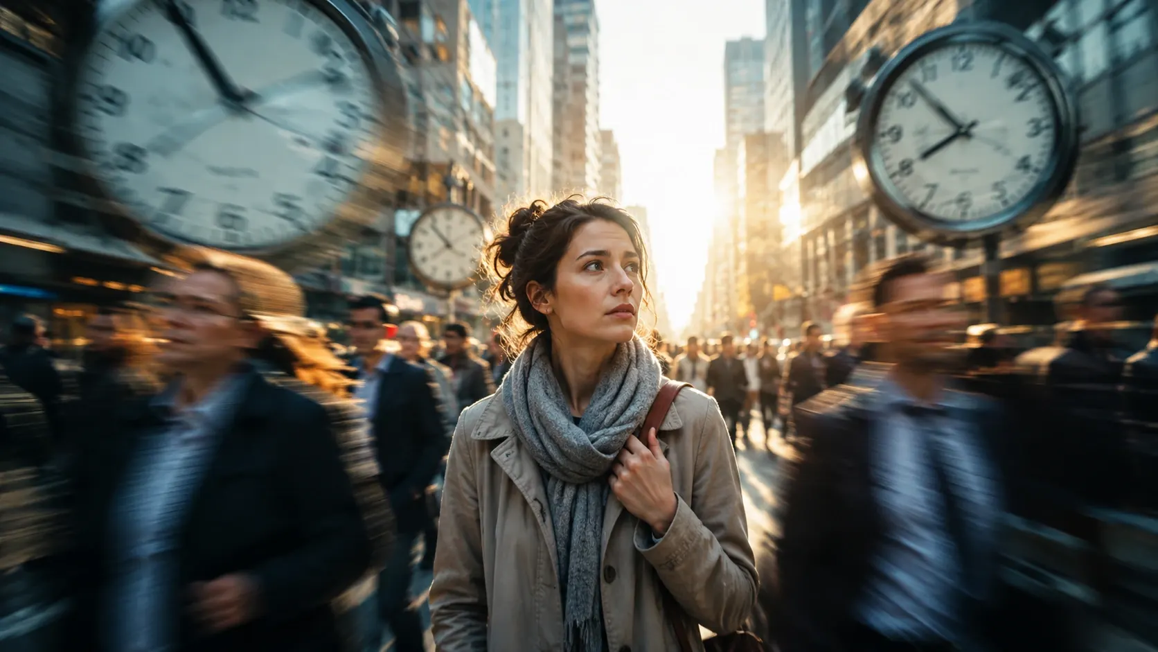 Person looking overwhelmed by reminders and clocks while learning to slow constant urgency