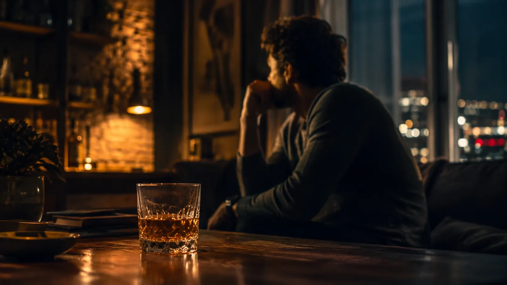 Evening drink beside a couch with a glass of water and quiet room light nearby