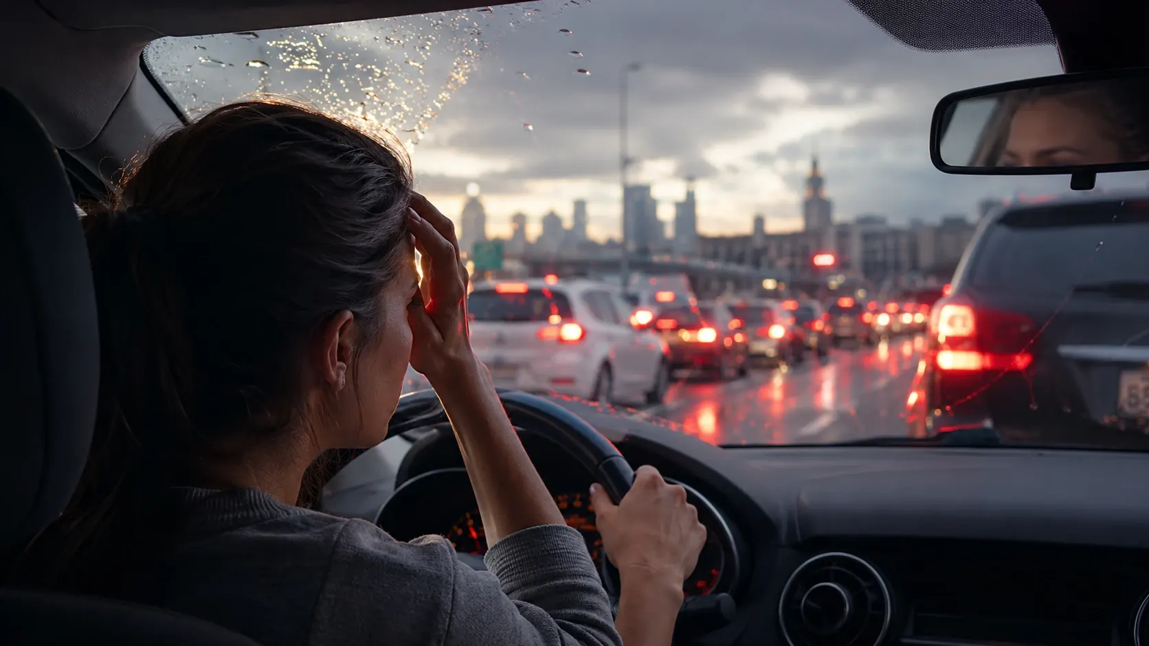 Driver in slow traffic feeling commute stress and trying to calm traffic anxiety