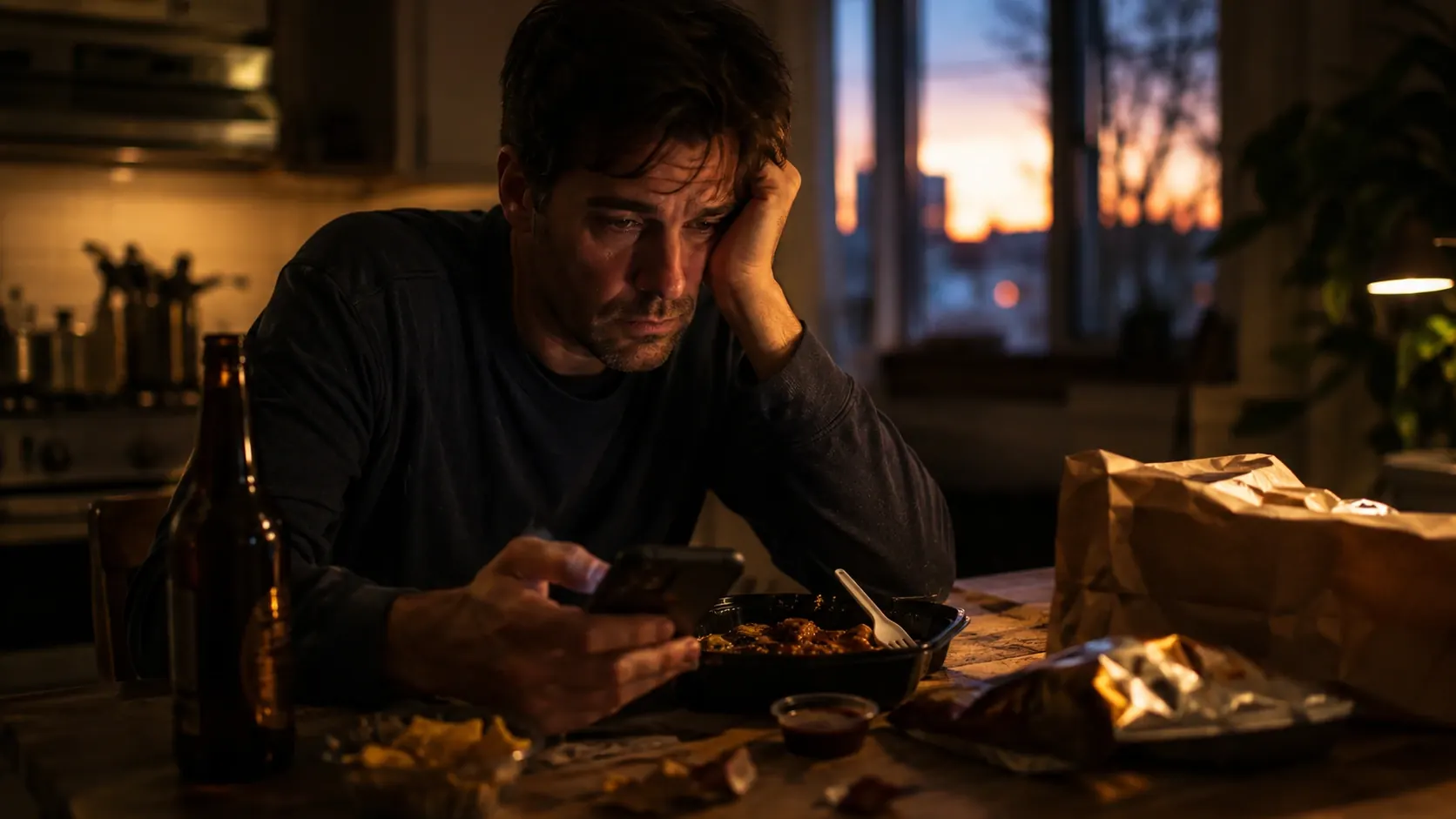 Person arriving home tired at 6PM with phone, snacks, and dinner choices nearby