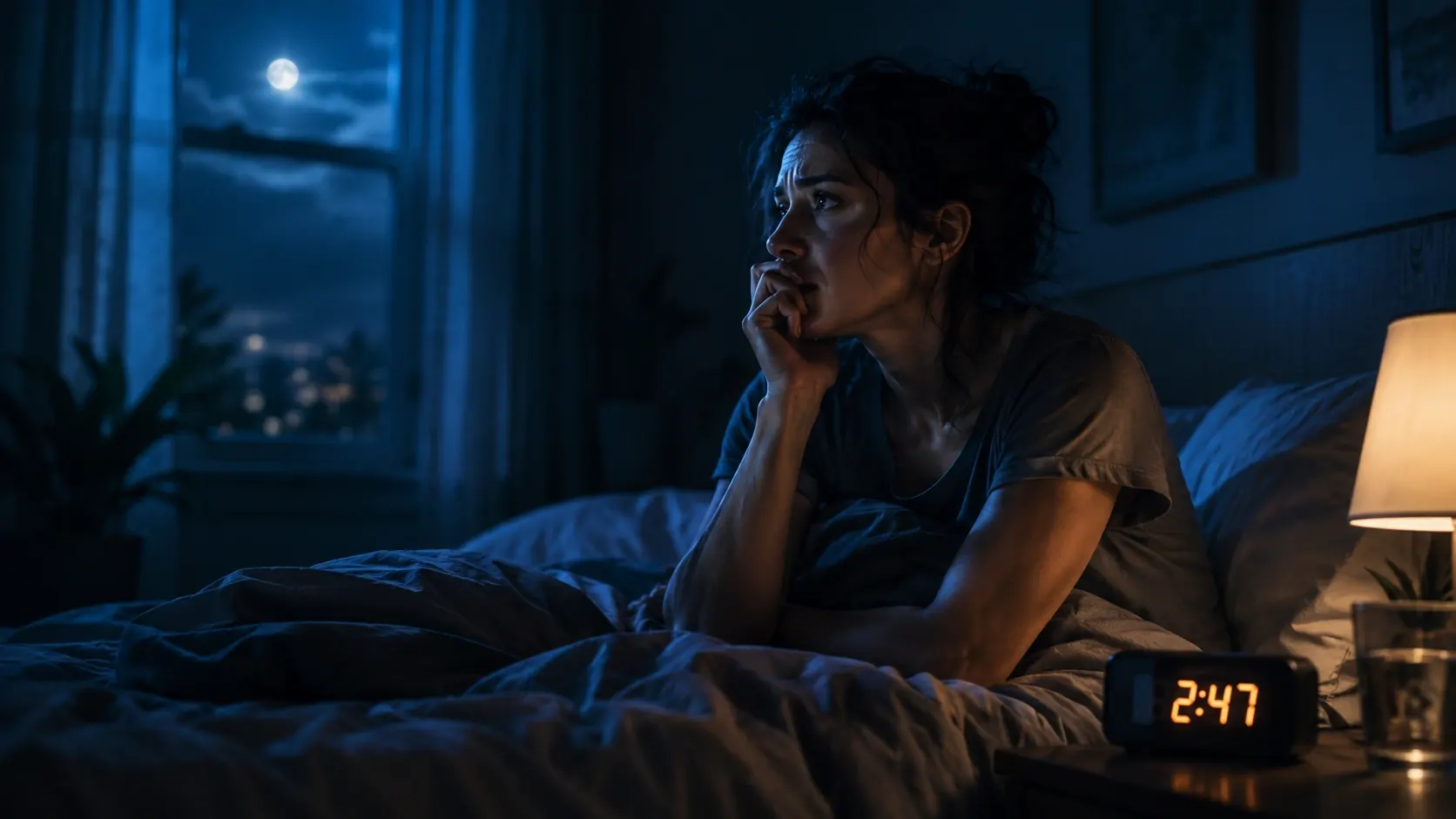 Person awake at night with a quiet room showing why stress feels worse after dark